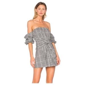 Lovers + Friends Kiwi Plaid Mini Dress Size Medium Black Puff Sleeve Milkmaid